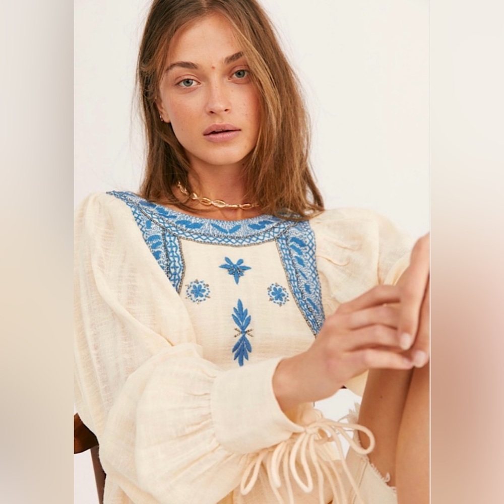 Free People Bali Birdie Cream Blouse with Blue Embroidery